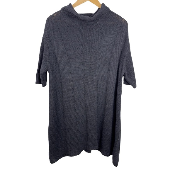 EILEEN FISHER Black Alpaca Silk Rib Turtleneck Long A-Line Short Sleeve Sweater - Picture 1 of 15